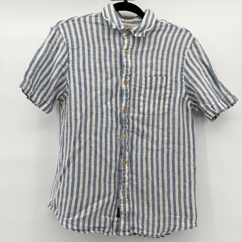 Faherty Palma Linen Shirt Women S Blue White Striped Short Sleeve Button Down - Picture 2 of 7
